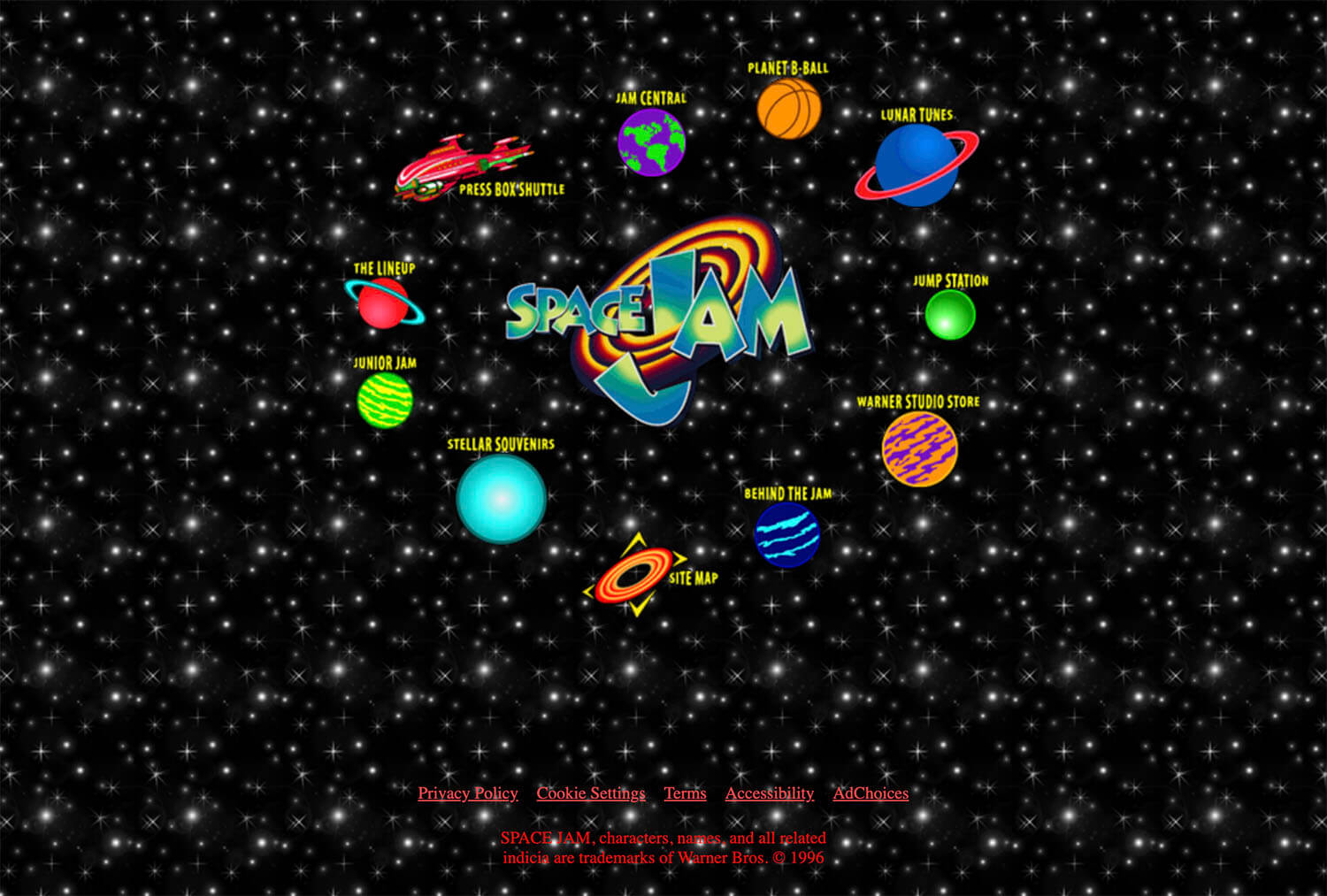 Screenshot of an old website, showing a number of icons and a starry background